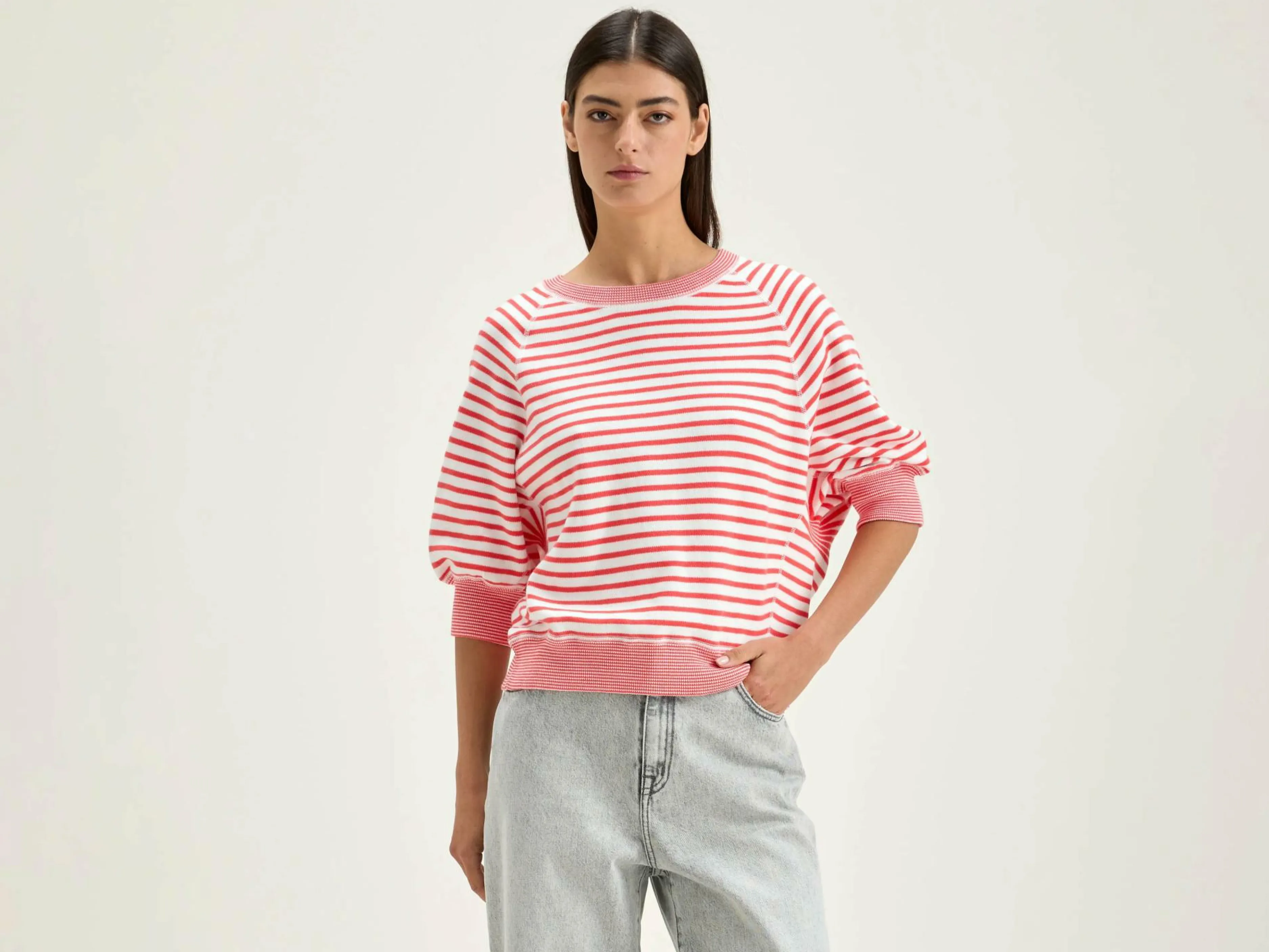 Mailles-Bellerose Pull Col Rond Anglet Corail / Vintage white