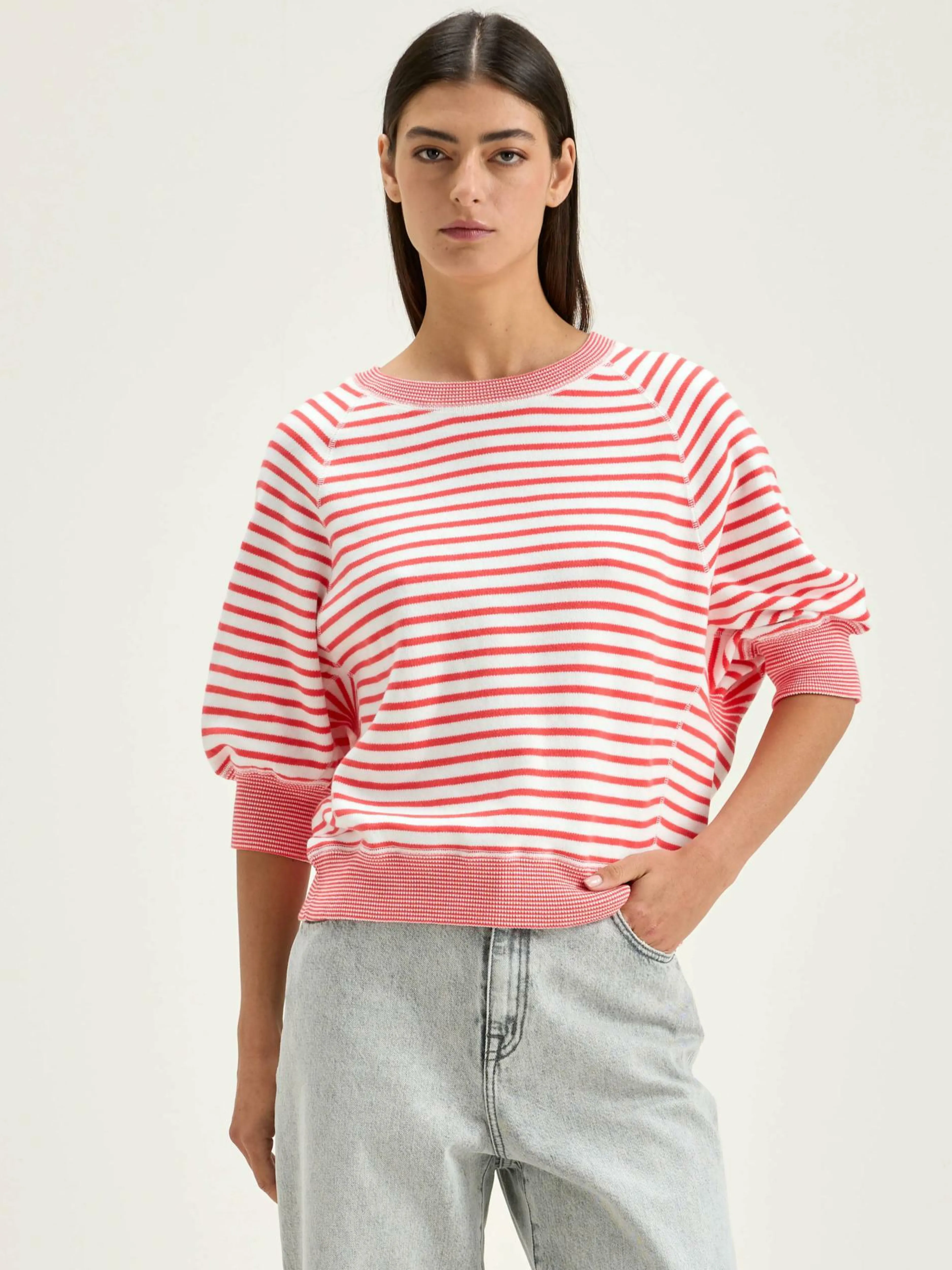 Mailles-Bellerose Pull Col Rond Anglet Corail / Vintage white